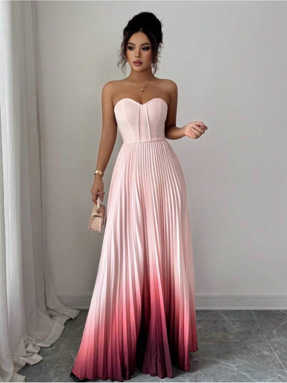 Strapless Ombre Pleated Maxi Dress in Light Pink